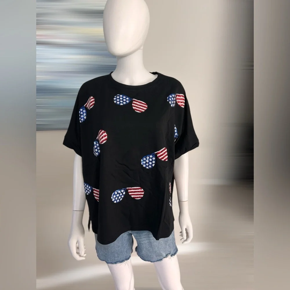 FANTASTIC FAWN patriotic sequin sunglasses  oversized top S M L - Picture 4 of 7